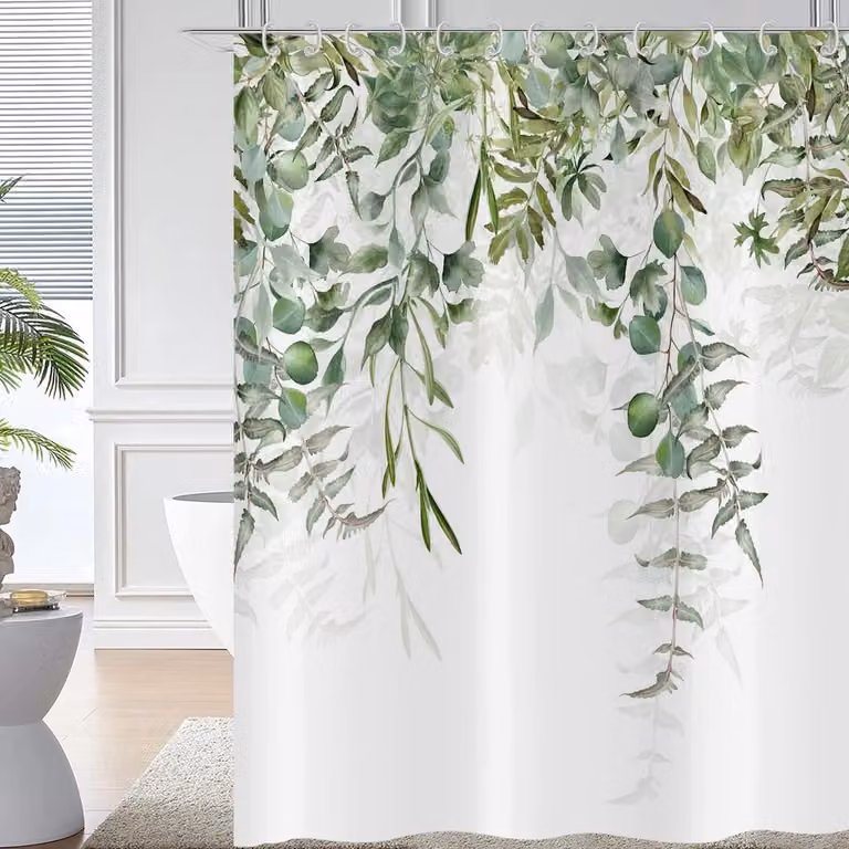 ShopVlot Douchegordijn Green Leaf met Eucalyptus Bladeren in Aquarel, 180 x 180 cm