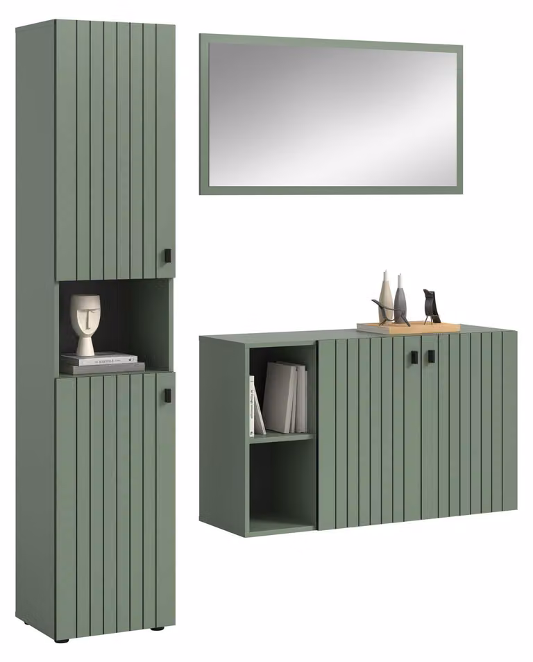 home24 Station 3-delige halmeubelset met spiegel en schoenenkast, groen/zwart, B: 161 cm, H: 192 cm, D: 37 cm