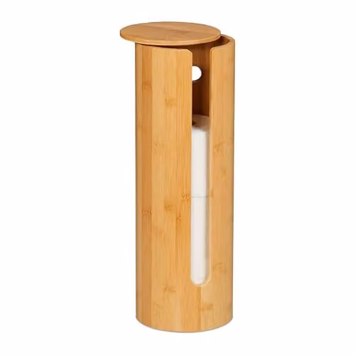 Relaxdays Toiletrolhouder voor 4 rollen, bamboe, staand met deksel, beige/bruin, H x Ø: 42 x 14,5 cm