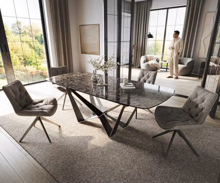 DELIFE Eettafel Edge Boot met Keramiek Emperador Extra Lucidato, Donkerbruin en Grijs, Ovaal, Uitschuifbaar, B/D/H: 180-220 x 100 x 75 cm