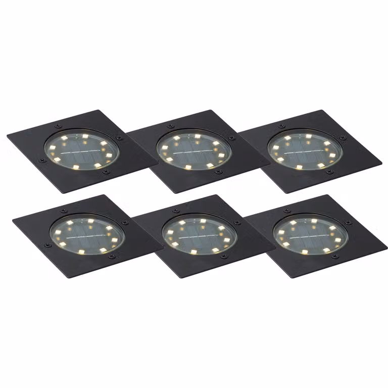 Qazqa Set van 6 vierkante grondspots zwart met LED warm wit en solar - IP65