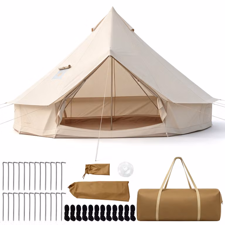 Costway Glamping Tent met Ovenopening voor 4-6 Personen, Waterdichte Yurt voor 4 Seizoenen met Netramen en Deuren, 410 cm