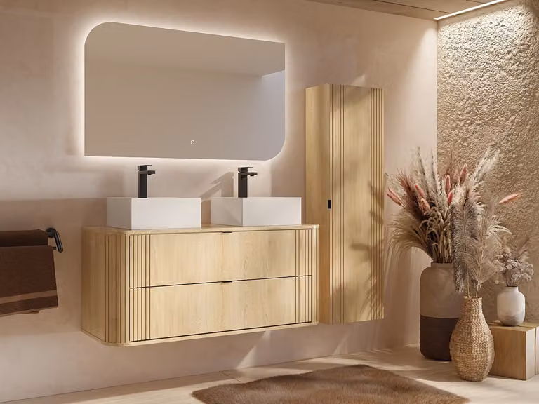 FILOR Zwevend badkamermeubel met dubbele vierkante opzetwastafel en kolomkast - Licht naturel - 120 cm
