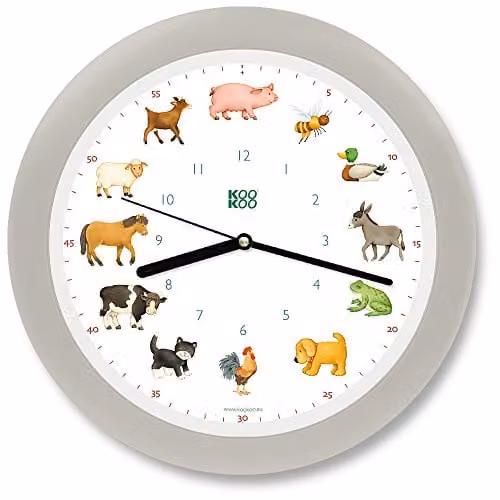 KOOKOO KidsWorld Analoge Muurklok voor Kinderen met 12 Dierengeluiden en Lichtsensor, Zijde-Grijs