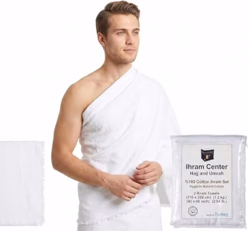 Ihram Ehram Ahram voor mannen voor Hajj en Umrah, 2 handdoeken van 100% natuurlijk katoen, Breedte: 220 cm, Hoogte: 110 cm