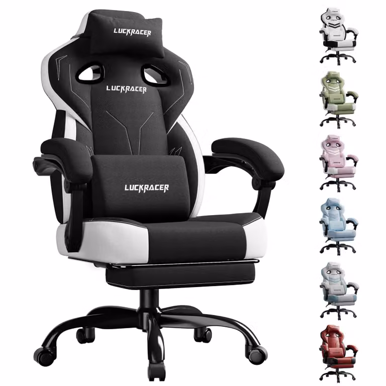 LUCKRACER Gamingstoel met verbonden armleuningen, geheugenschuimkussens en voetsteun, zwart