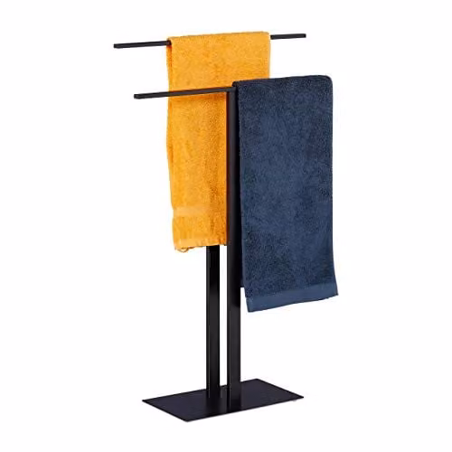 Relaxdays Handdoekenrek met 2 stangen, zwart, metaal, H x B x D: 82 x 50 x 19 cm