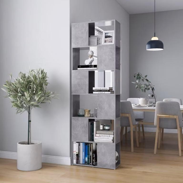 Boekenkast Room Divider met zes open vakken, Beton Grijs, B: 60 cm, D: 24 cm, H: 186 cm