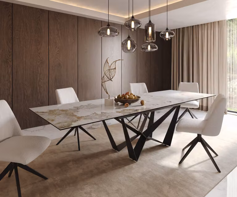 DELIFE Eetkamertafel Edge Minas Melange wit-beige keramiek met zwart stalen X-frame, uitschuifbaar, B: 200-300 cm, D: 100 cm, H: 78 cm