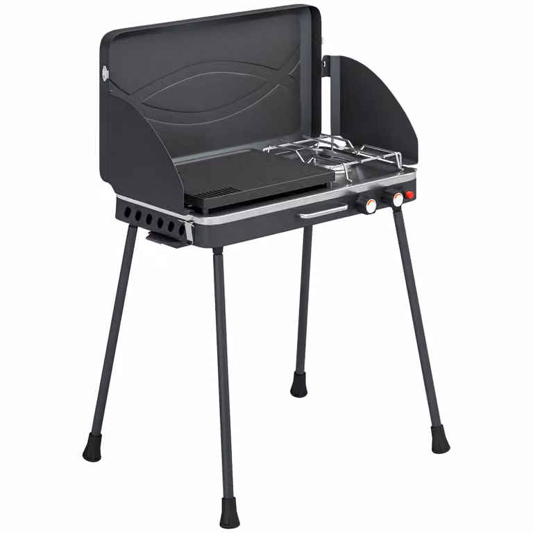 Outsunny Draagbare Gasgrill met 2 Branders 5,9 kW 2-in-1 Tafelgrill met Inklapbare Poten, Grillrooster en Windbescherming