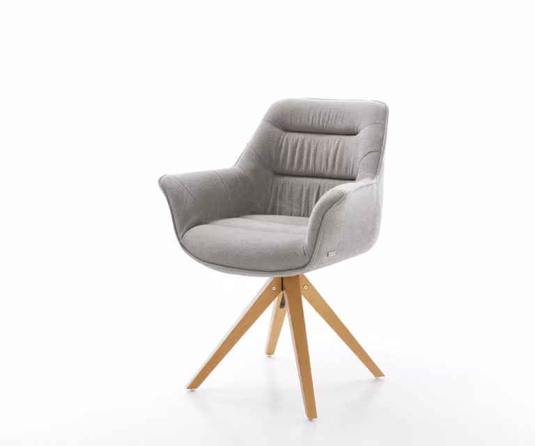 Eetkamerstoel Kaira-Flex met houten frame en grijze gestructureerde stof, 360 graden draaibaar