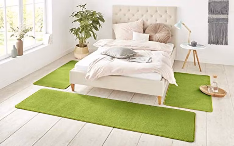 3-delige laagpolige tapijtloper set voor slaapkamer of kinderkamer, effen groen, B/D: 70 x 140 cm en 70 x 240 cm