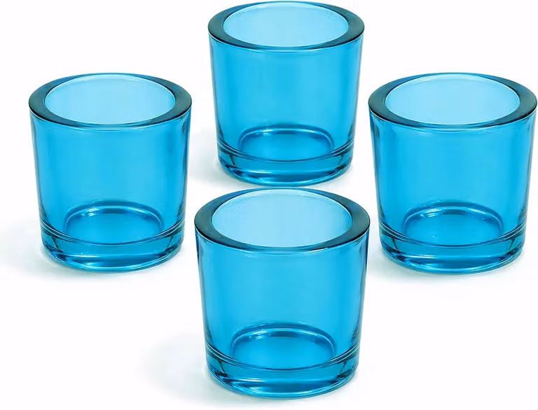 Set van 4 Cilindervormige Glazen Theelichthouders in Turquoise Blauw - H 6,5 cm x B 6 cm