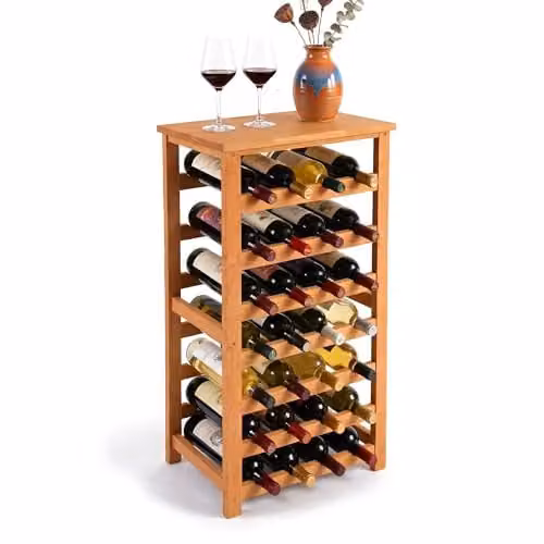 Relaxdays Wijnrek voor 28 flessen van walnotenhout, Bruin, H 94 x B 47 x D 26 cm