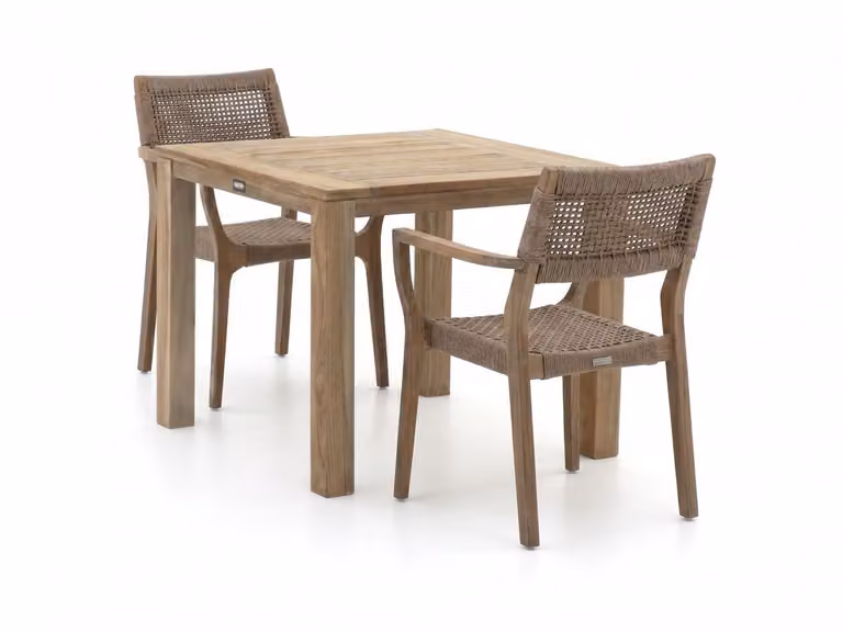 ROUGH Furniture Diningset voor 2 personen van bruin teakhout met vierkante tafel