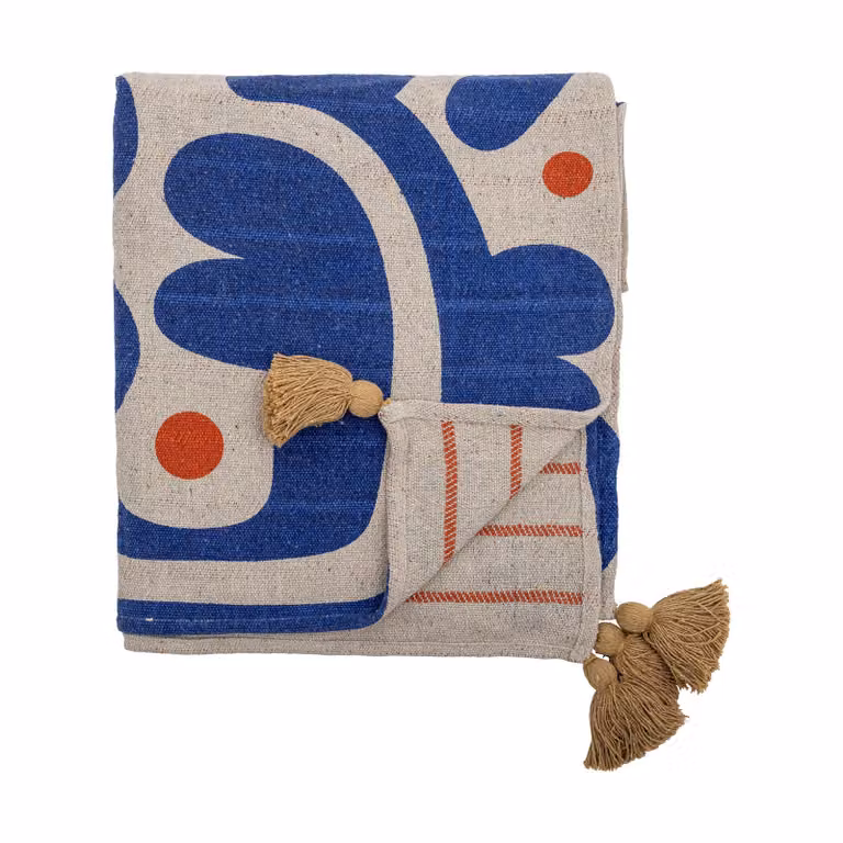 Bloomingville Eviaya plaid met franjes, gestreept, blauw, B: 130 cm, D: 160 cm