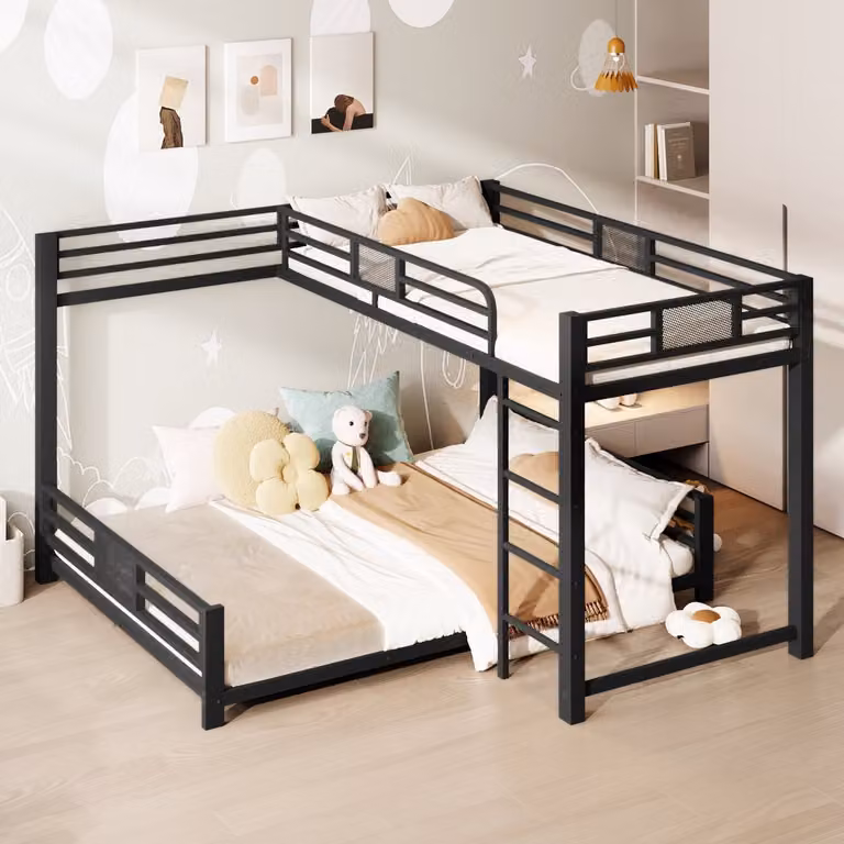 FloraGrace Metalen L-vormig Stapelbed voor Kinderkamers - Zwart - 90x200 cm en 140x200 cm - Zonder Matras
