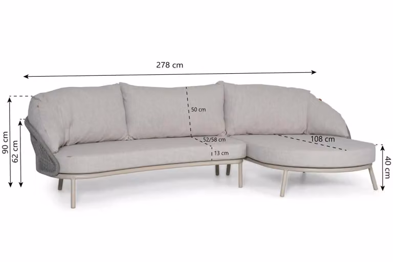 Santika Pebble organische hoek loungeset met beige en grijze kussens, aluminium, rechtsmodel