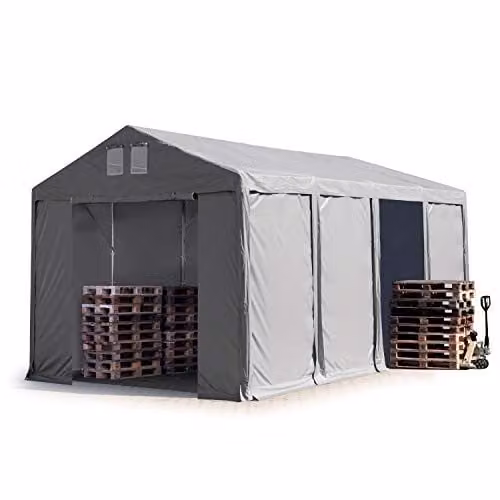 TOOLPORT Opslagtent 4x8 m in grijs PVC, 850N waterdichte industrietent met 3m zijwandhoogte en ritssluitingen