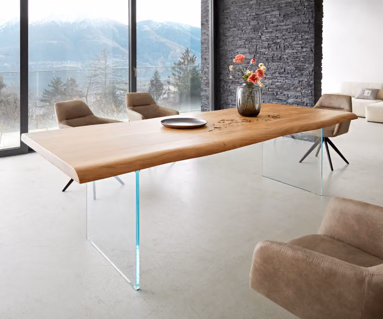 DELIFE Eettafel Edge XL met Acacia Hout en Glas, Live-Edge, Bruin/Transparant, B: 260 cm, D: 100 cm, H: 76,5 cm