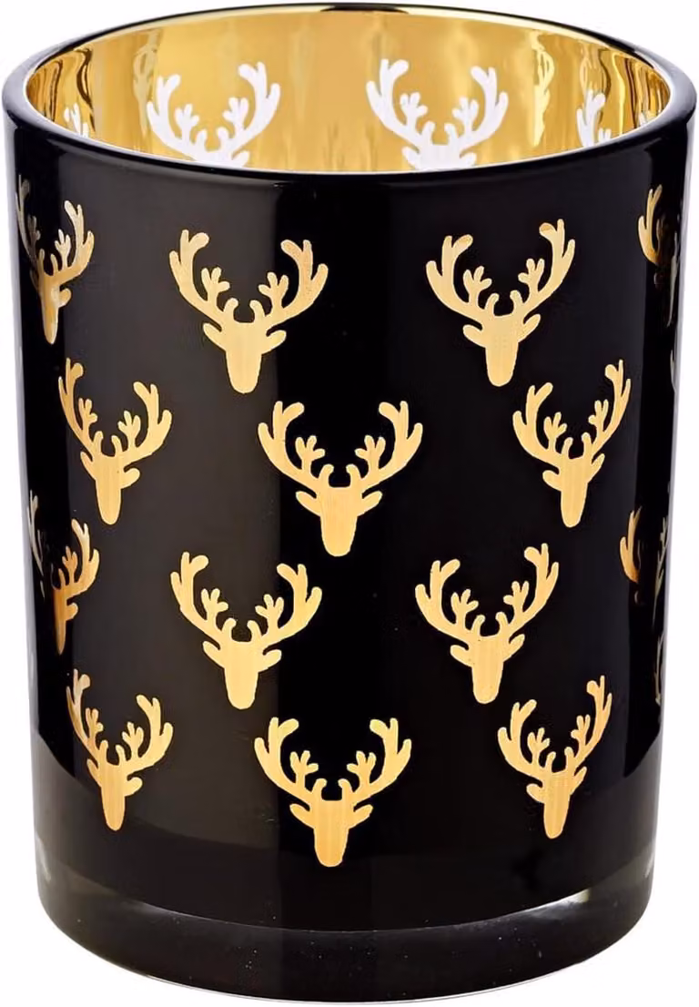 Sfeervol Ben tealightglas met hertmotief, zwart buiten en goud binnen, windlicht van glas, Hoogte: 13 cm