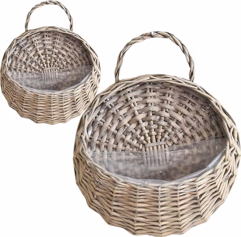 Set van 2 grijze hangende wandmanden van natuurlijk rotan voor plantendecoratie