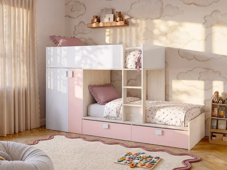 Vente-Unique Stapelbed voor kinderen met ingebouwde kast en lades - Wit, eiken en roze - B/D/H: 190 x 90 x 189 cm