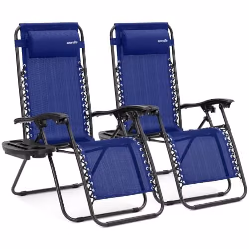 Serenelife Set van 2 Verstelbare Ligstoelen met Zijtafel en Bekerhouders - Blauw