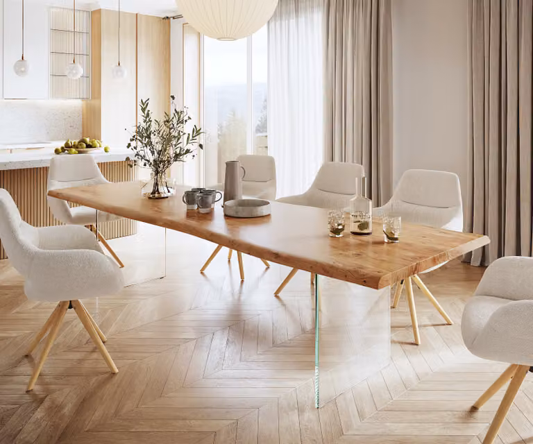 DELIFE Eettafel Edge XL met Acacia Hout en Glas, Live-Edge, Bruin/Transparant, B: 300 cm, D: 100 cm, H: 76,5 cm