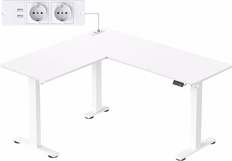 Hoogte Verstelbaar L-Bureau met Geïntegreerd Laadstation - Wit Mat - B/D/H: 140 x 160 cm