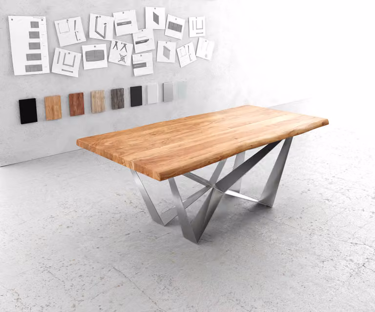 DELIFE Eettafel Edge XL van acacia hout en edelstaal, Bruin/Zilver, B: 200 cm, D: 100 cm, H: 75,5 cm