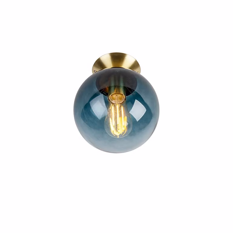 Qazqa Art Deco Plafondlamp Messing met Blauw Glas en E27 Fitting