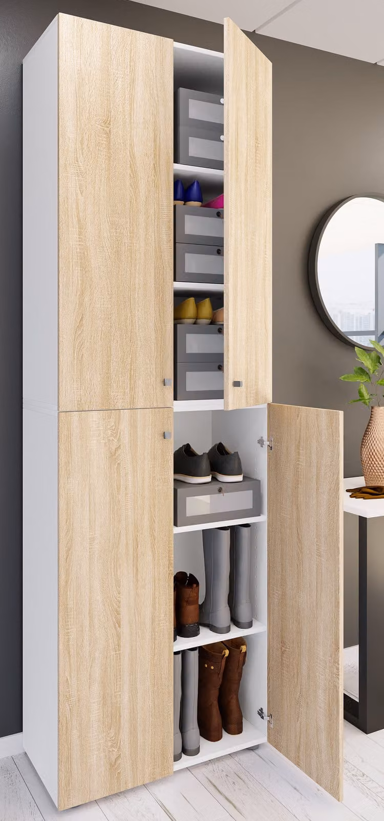 home24 Schoenenkast met 4 deuren, wit/bruin Sonoma eikenhouten look, B/D/H: 70 x 39 x 220 cm