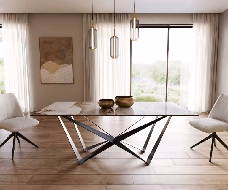 DELIFE Eetkamertafel Edge Minas Melange wit-beige keramiek met zwart stalen X-frame B/D/H: 200 x 100 x 76 cm
