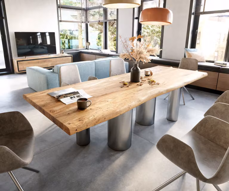 DELIFE Eetkamertafel Edge XL van acacia hout met live-edge en roestvrijstalen pilaren, Bruin/Zilver, B: 280 cm, D: 100 cm, H: 74,5 cm
