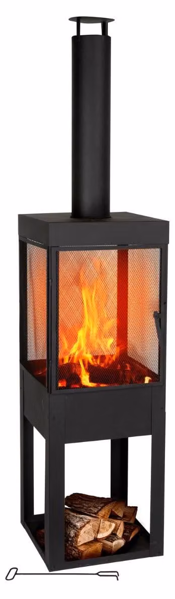 BBQ Collection Houtkachel met Schoorsteen en Vonkenscherm - Tuinhaard van Carbon Staal met As-Opvangbak en Brandhout Opslag - B/D/H: 194 x 44 x 47 cm