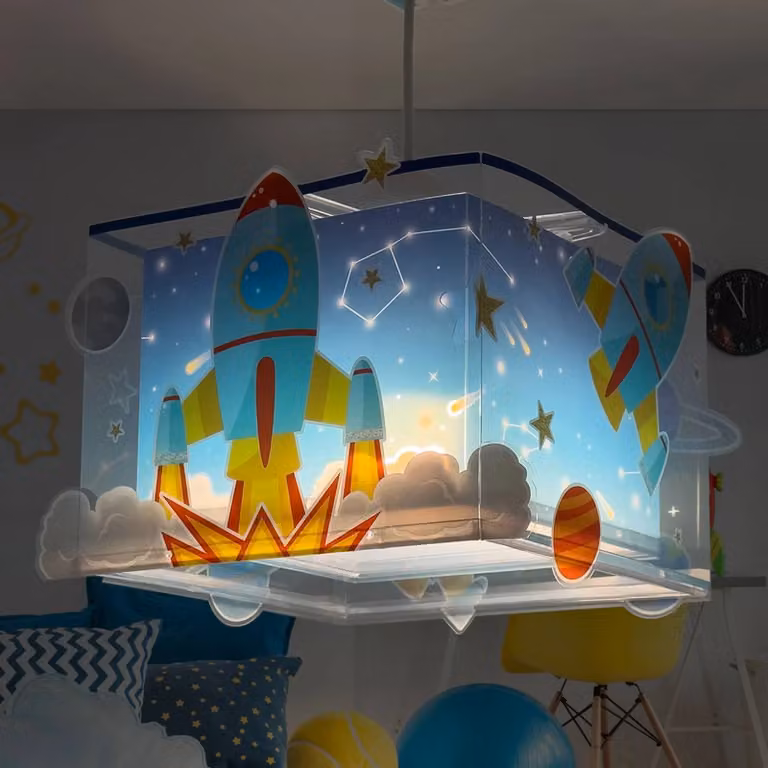 Dalber ROCKET hanglamp voor de kinderkamer, blauw transparant, dimbaar, kunststof