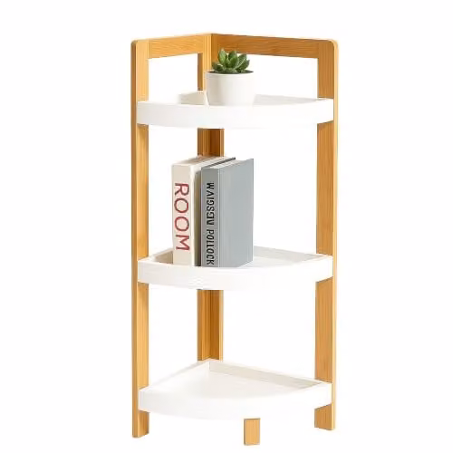 Relaxdays Bamboe Hoekrek met 3 Planken, Wit-Bruin, H 77 x B 23 x D 23 cm