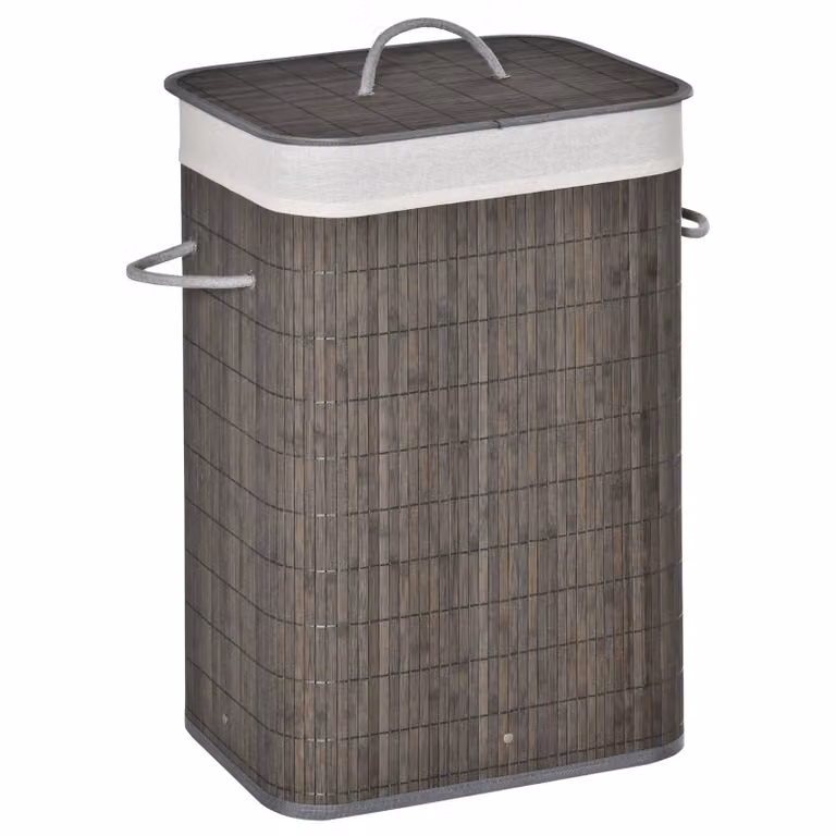 HOMCOM Wasmand met deksel en uitneembare voering, bamboe en polyester, grijs, 43 x 32 x 61 cm