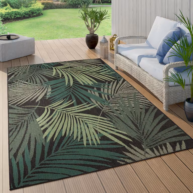 Paco Home Buitentapijt met jungle-motief en bloemenprint, Groen, Boho-stijl, Breedte: 340 cm, Diepte: 240 cm