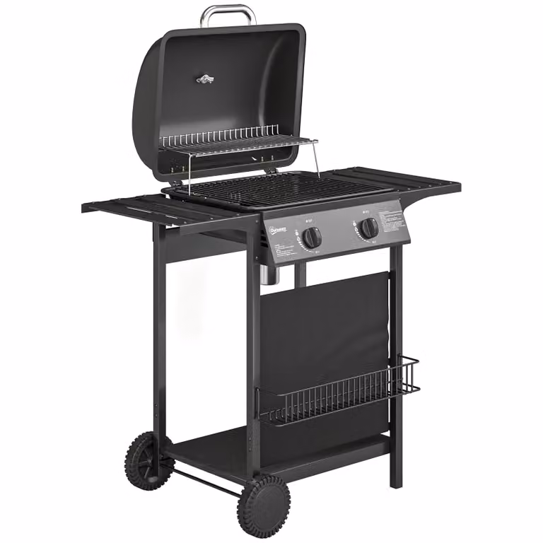 Outsunny Gasbarbecue met 2 branders en 5 kW vermogen, roestvrij staal, inclusief zijtafel, thermometer en geëmailleerd grillrooster