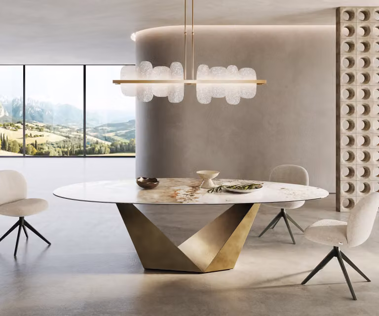 DELIFE Eettafel Edge Oval Keramiek Minas Melange Wit-Beige met Prisma Metaal Goud, B/D/H: 280 x 130 x 76 cm