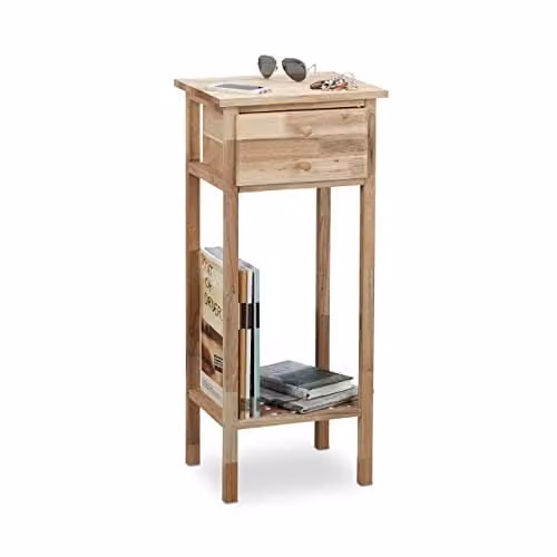 Relaxdays Bijzettafel notenhout met lade, Bruin, H x B x D: 80 x 35 x 30 cm