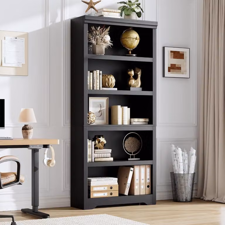 Vintage Hoge Boekenkast met 5 Lagen in Zwart - B/D/H: 80 x 29,5 x 174,5 cm - Open Opbergkast met Verstelbare Planken voor Woonkamer of Kantoor