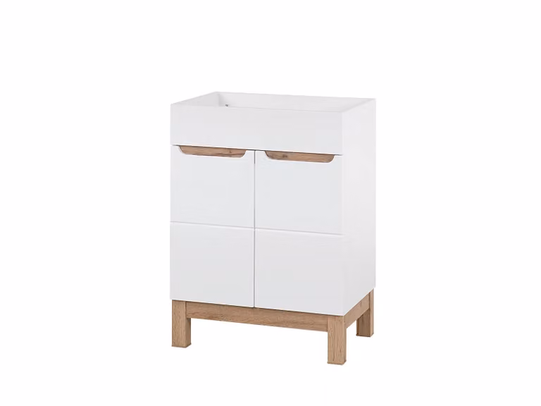 Badkamermeubel met eikenfineer en 2 deuren, wit glanzend, Breedte: 60 cm