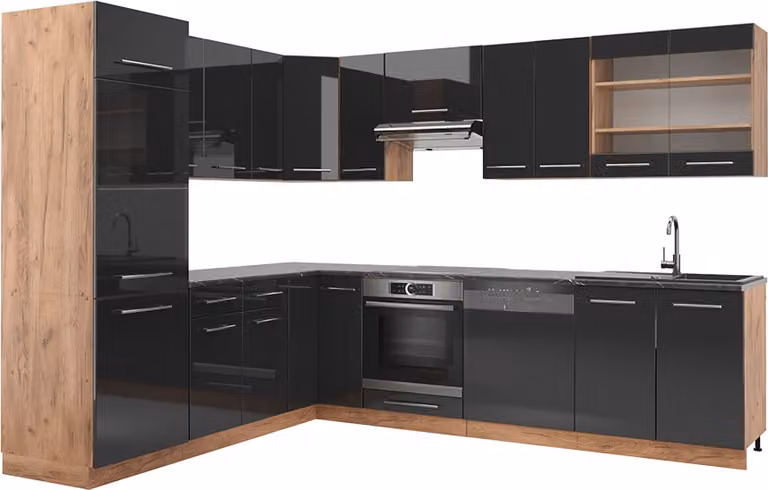 Vicco Fame-Line Hoekkeuken Antraciet Hoogglans en Goudkleurig Eiken, Model 38644, 287 x 227 cm (zonder werkblad)