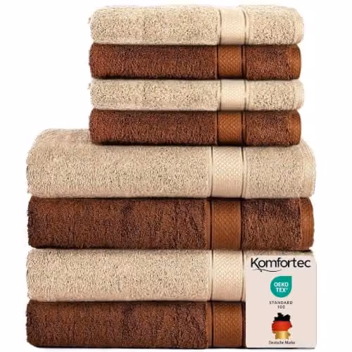 Komfortec Handdoekenset van 8 stuks in Bruin/Beige, 100% Katoen, inclusief 4 Badhanddoeken (70 x 140 cm) en 4 Handdoeken (50 x 100 cm)