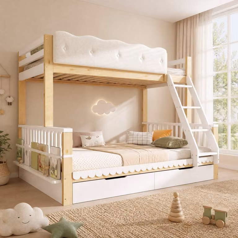 Stapelbed voor kinderen met wolkenreling, bedlading en opbergrek in wit en eikenhout, B/D/H: 140 x 200 cm en 90 x 200 cm