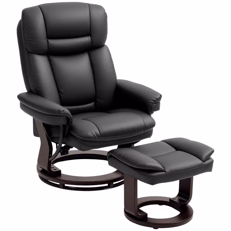 HOMCOM Relaxfauteuil met Hocker van Luxe Kunstleer, Verstelbare Stoel met 135° Kantelfunctie en Dikke Vulling, Zwart, B/D/H: 86 x 83 x 107 cm