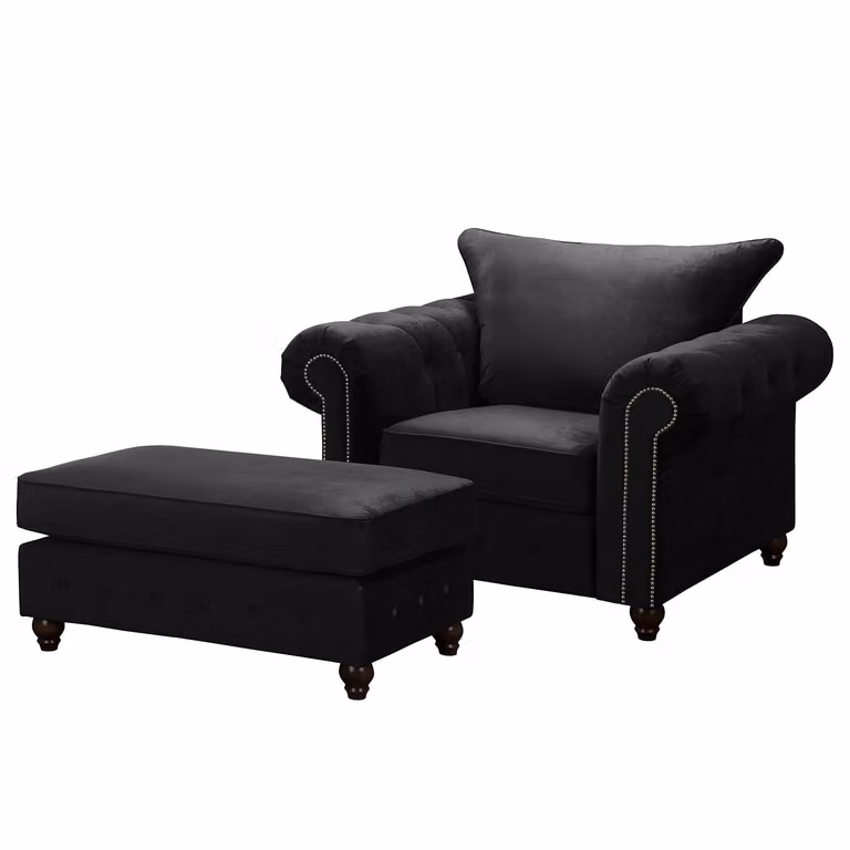 home24 Fauteuil met hocker zwart velours B: 120 cm, D: 90 cm, H: 93 cm